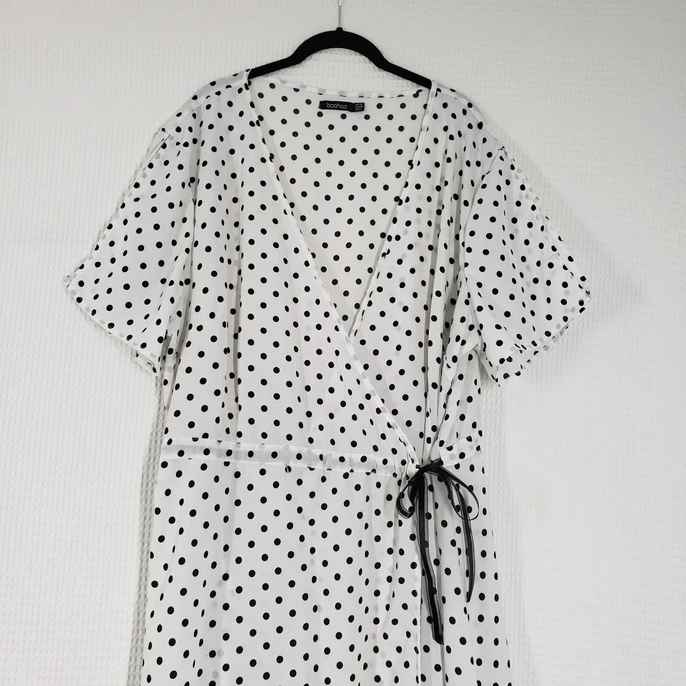 Boohoo Wrap Maxi Dress Womens 24 White Black Polka Dot Short Sleeve Romantic - Picture 14 of 16